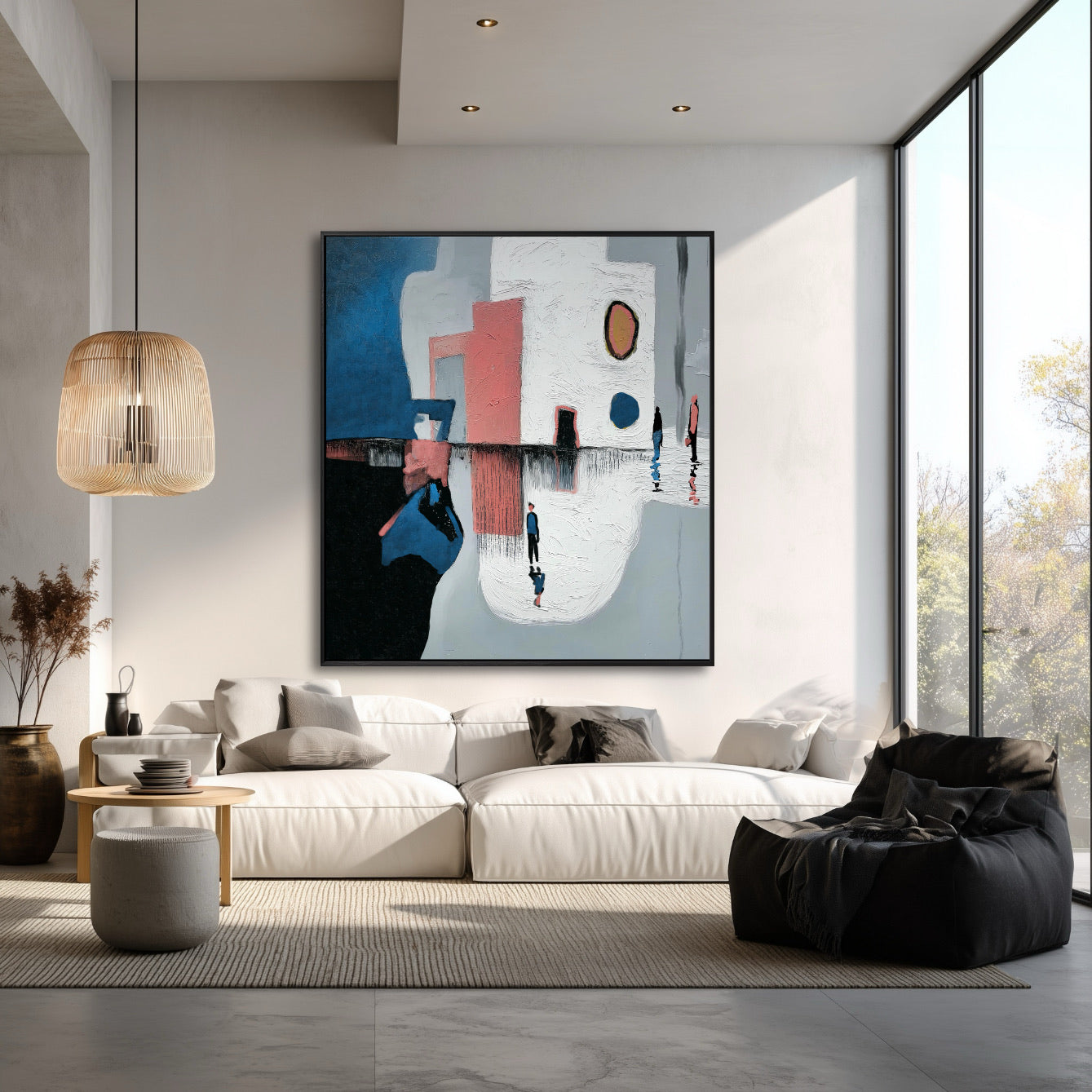 A room pic shows an abstract deco painting, creating elegant, calm, whimsical, futuristic, pop, and sophisticated vibes.