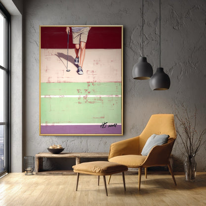Geometric golf painting in a grey industrial lounge. The yellow chair highlights the art's warm beige and cool mint contrast.