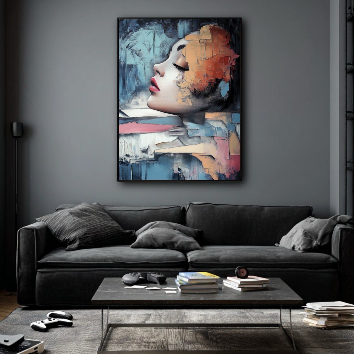 Modern abstract portrait with vibrant color. Wall art for a contemporary urban living room. Adds a bold artistic focal point.