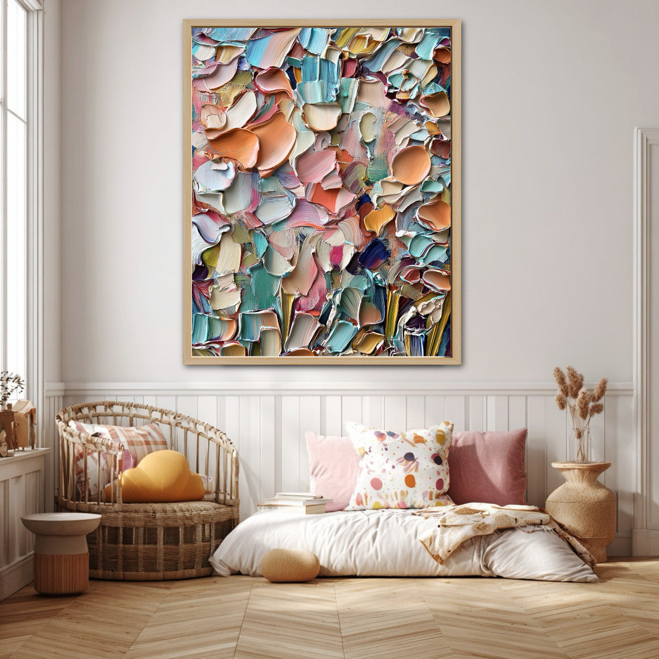 Vibrant abstract impasto art dominates a cozy, bohemian nook with rattan furniture, soft bedding, and warm tones, creating an artistic sanctuary.