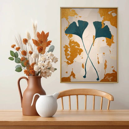 Textured botanical gold art above a wooden table. Warm earth tones in the dried floral decor echo the painting's gold accents.