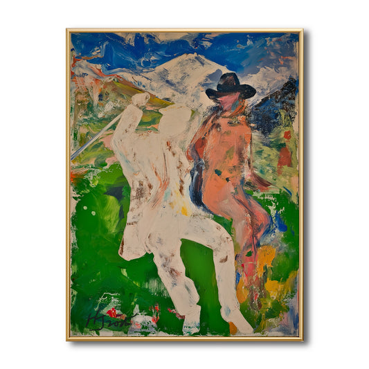 Original abstract golf painting with mountain backdrop. Cold blue and fresh green tones create a vibrant, energetic outdoor vibe.