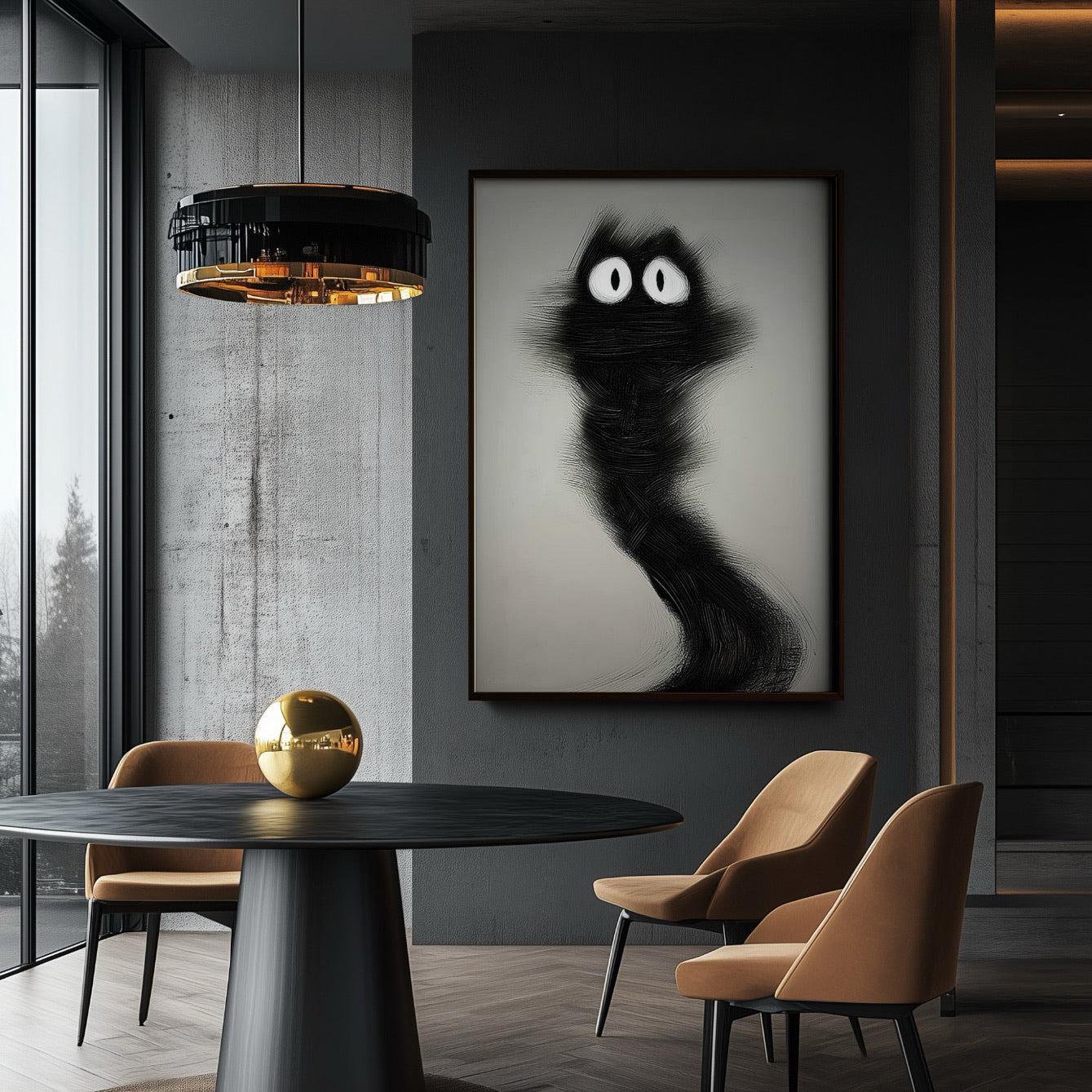 Abstract black cat painting complementing a black dining table and gold accents, adding dramatic flair to the contemporary dining space.