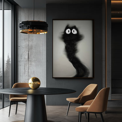 Abstract black cat painting complementing a black dining table and gold accents, adding dramatic flair to the contemporary dining space.