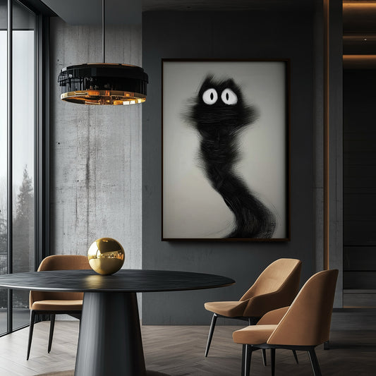 Abstract black cat painting complementing a black dining table and gold accents, adding dramatic flair to the contemporary dining space.