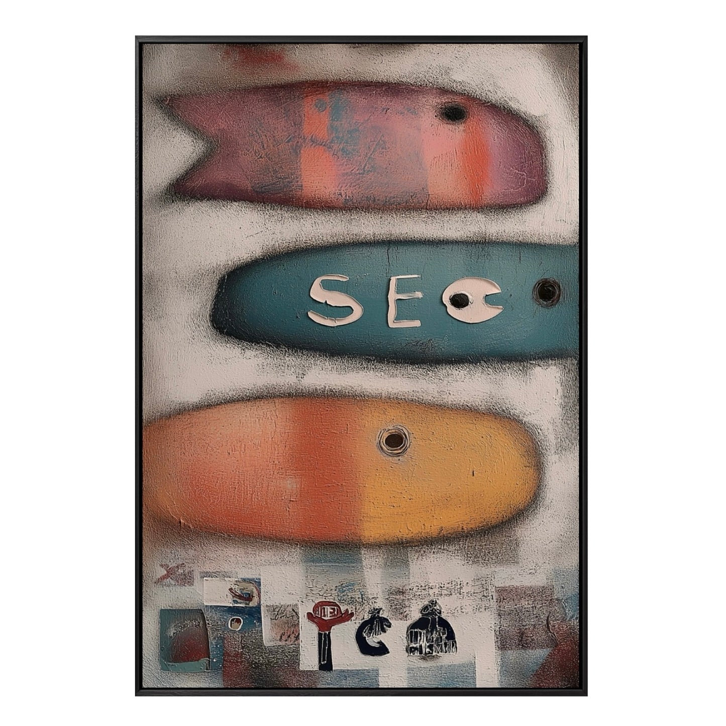 Original folk art abstract painting featuring three stylized fish and the letters "SEO" with distressed texture and mixed media. Neutral tone.