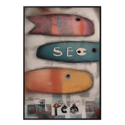 Original folk art abstract painting featuring three stylized fish and the letters "SEO" with distressed texture and mixed media. Neutral tone.