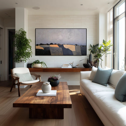 Original abstract fields painting central to a natural wood-toned living space. Surrounded by lush plants, creating an earthy, serene decor.