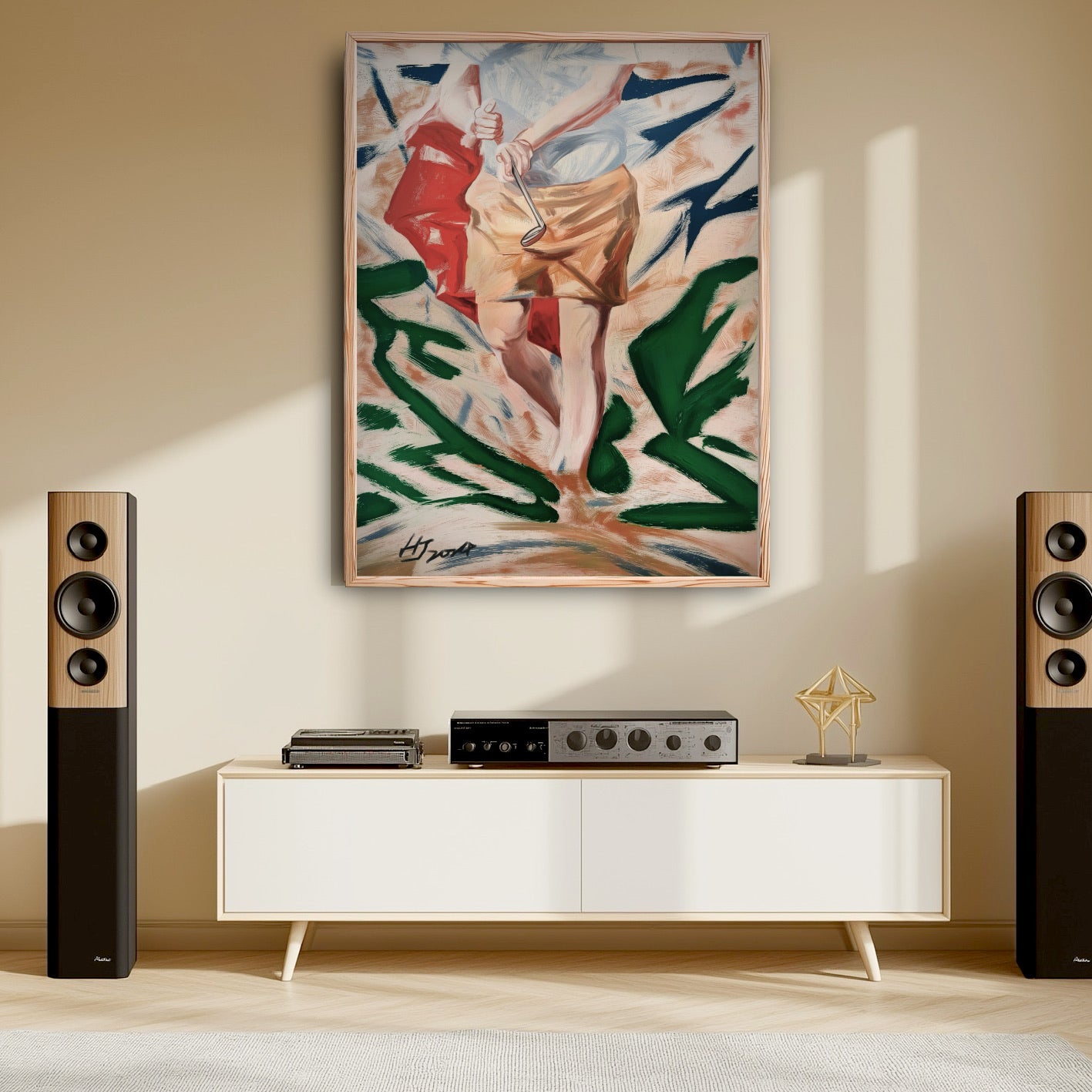 Hand-painted golf canvas above a modern white media console. Dynamic colors add energy between tall wooden speakers.
