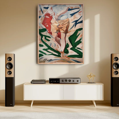 Hand-painted golf canvas above a modern white media console. Dynamic colors add energy between tall wooden speakers.