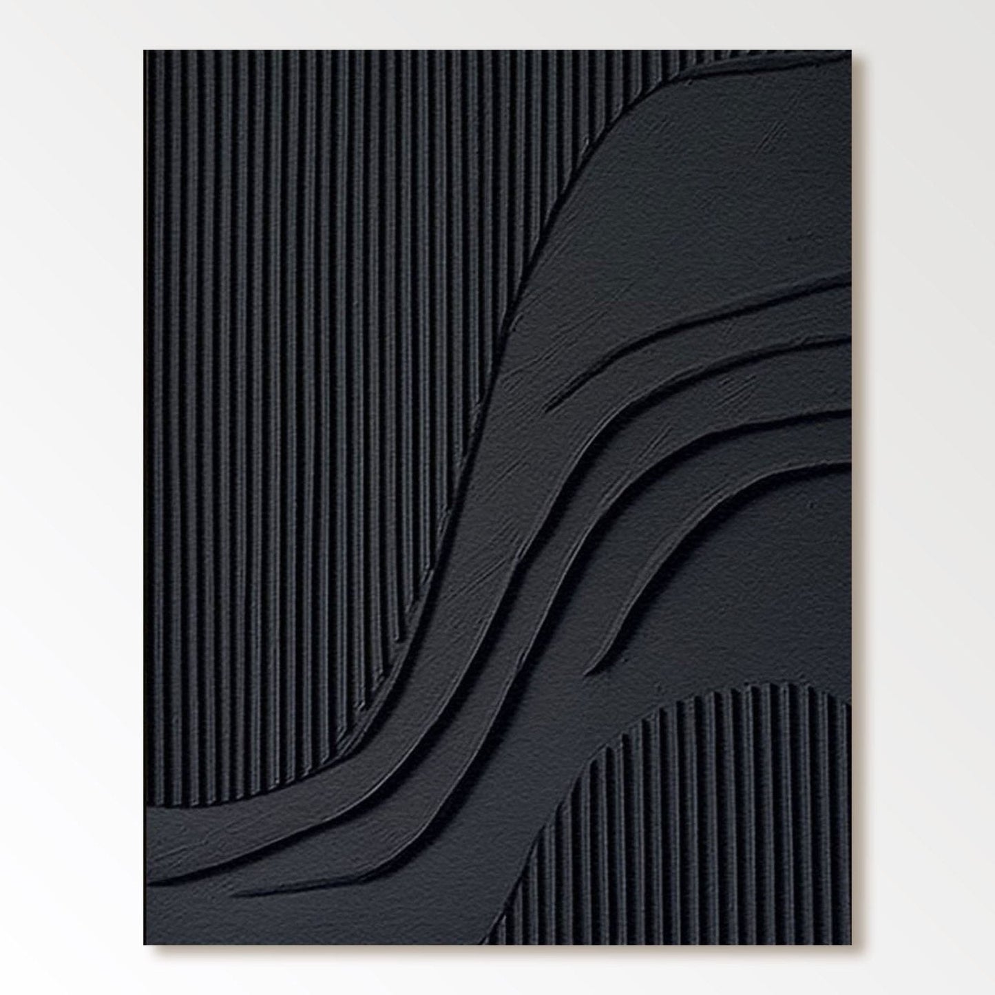 Original abstract black textured art: deep relief, vertical grooves, neutral tone, modern wave movement, contemporary minimalist decor.