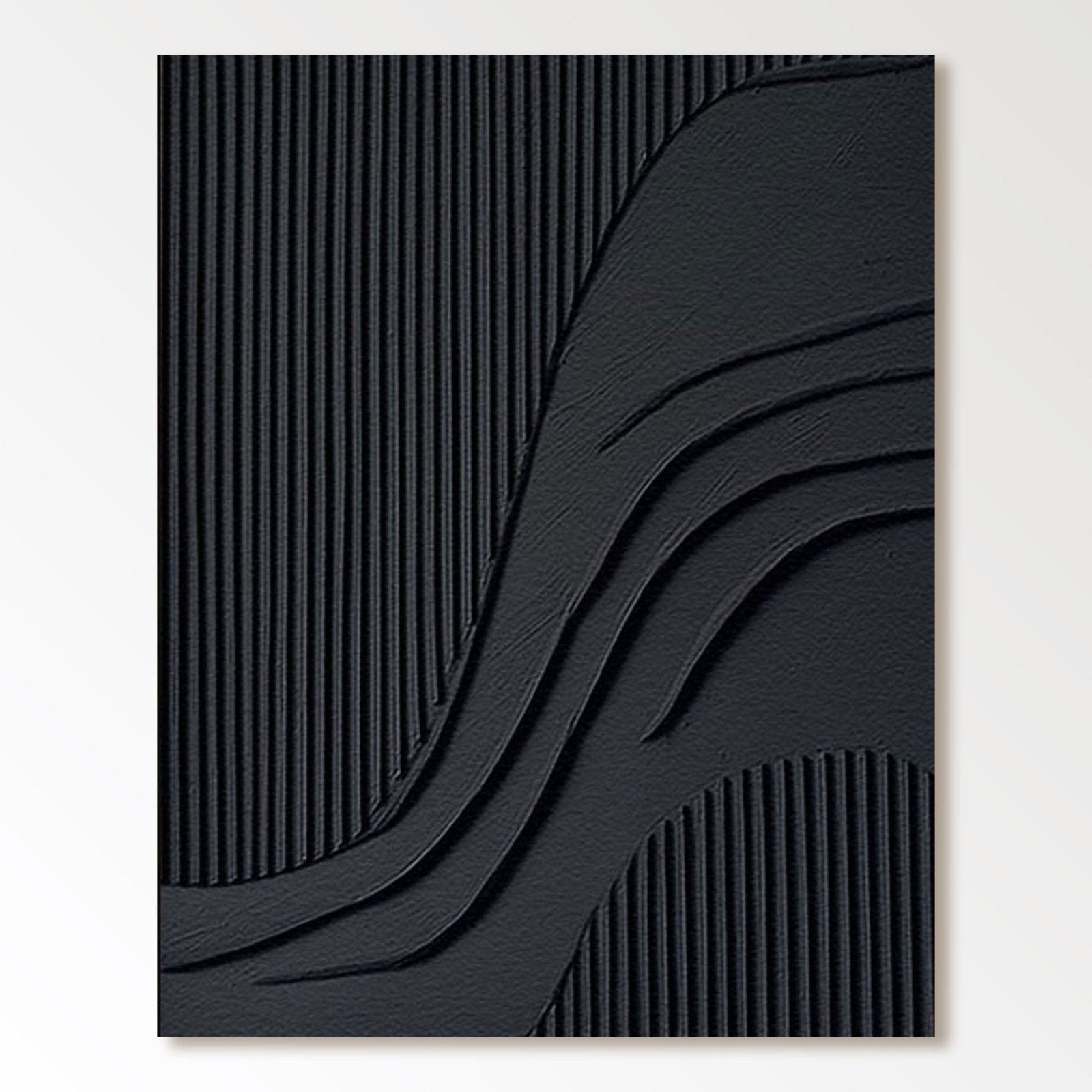 Original abstract black textured art: deep relief, vertical grooves, neutral tone, modern wave movement, contemporary minimalist decor.