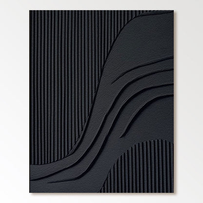 Original abstract black textured art: deep relief, vertical grooves, neutral tone, modern wave movement, contemporary minimalist decor.