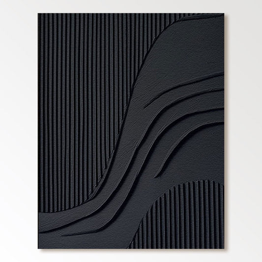 Original abstract black textured art: deep relief, vertical grooves, neutral tone, modern wave movement, contemporary minimalist decor.
