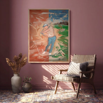 Original split-color golf painting on a dusty pink wall. Warm rust art tones harmonize with the eclectic boho rug and chair.