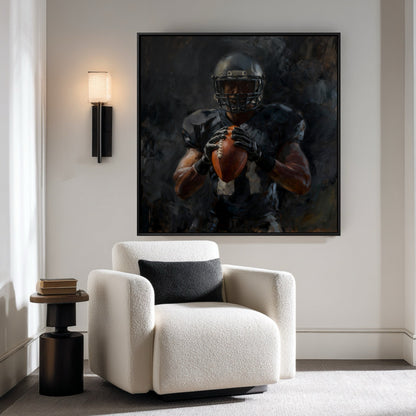 Framed football player painting hanging in a cozy, minimalist reading nook with a white boucle armchair and a modern sconce.