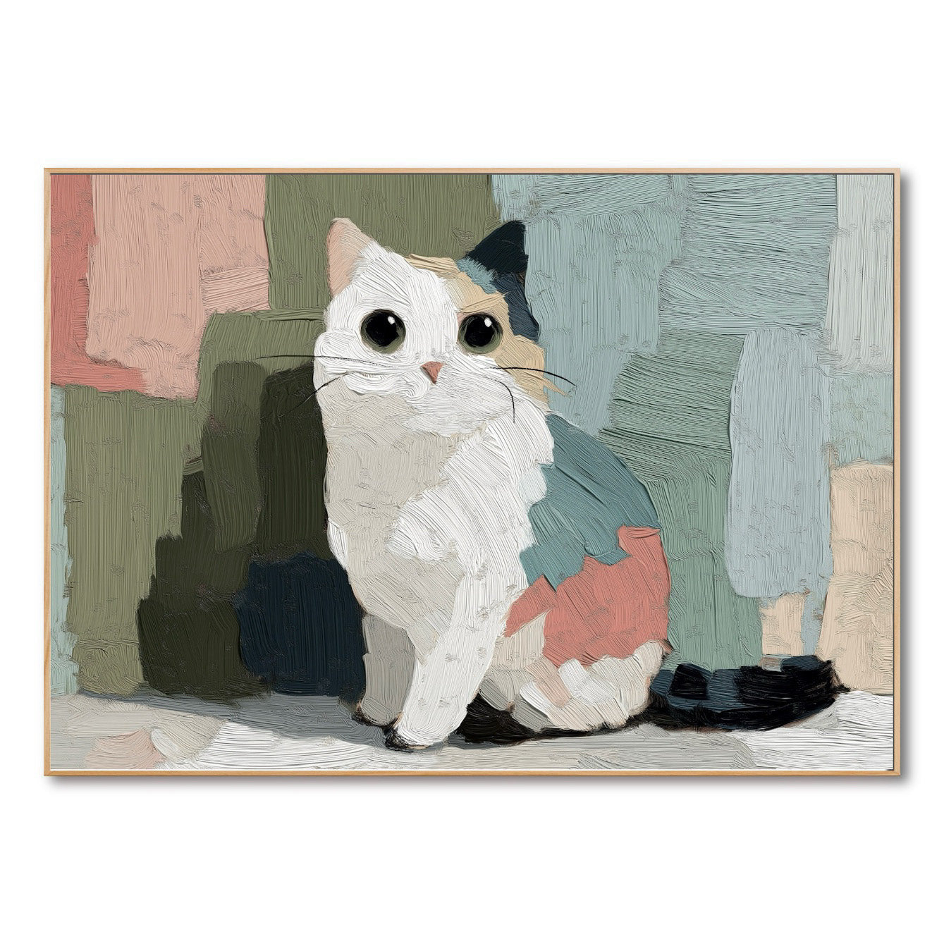 Original thick impasto abstract cat painting with a calico pattern and color blocks in blush, sage, and navy, conveying a soft vibe. Neutral tone.