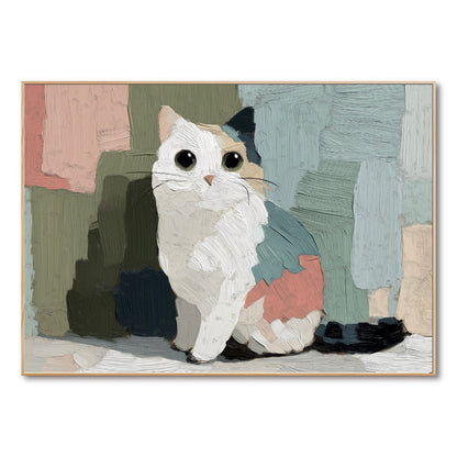 Original thick impasto abstract cat painting with a calico pattern and color blocks in blush, sage, and navy, conveying a soft vibe. Neutral tone.