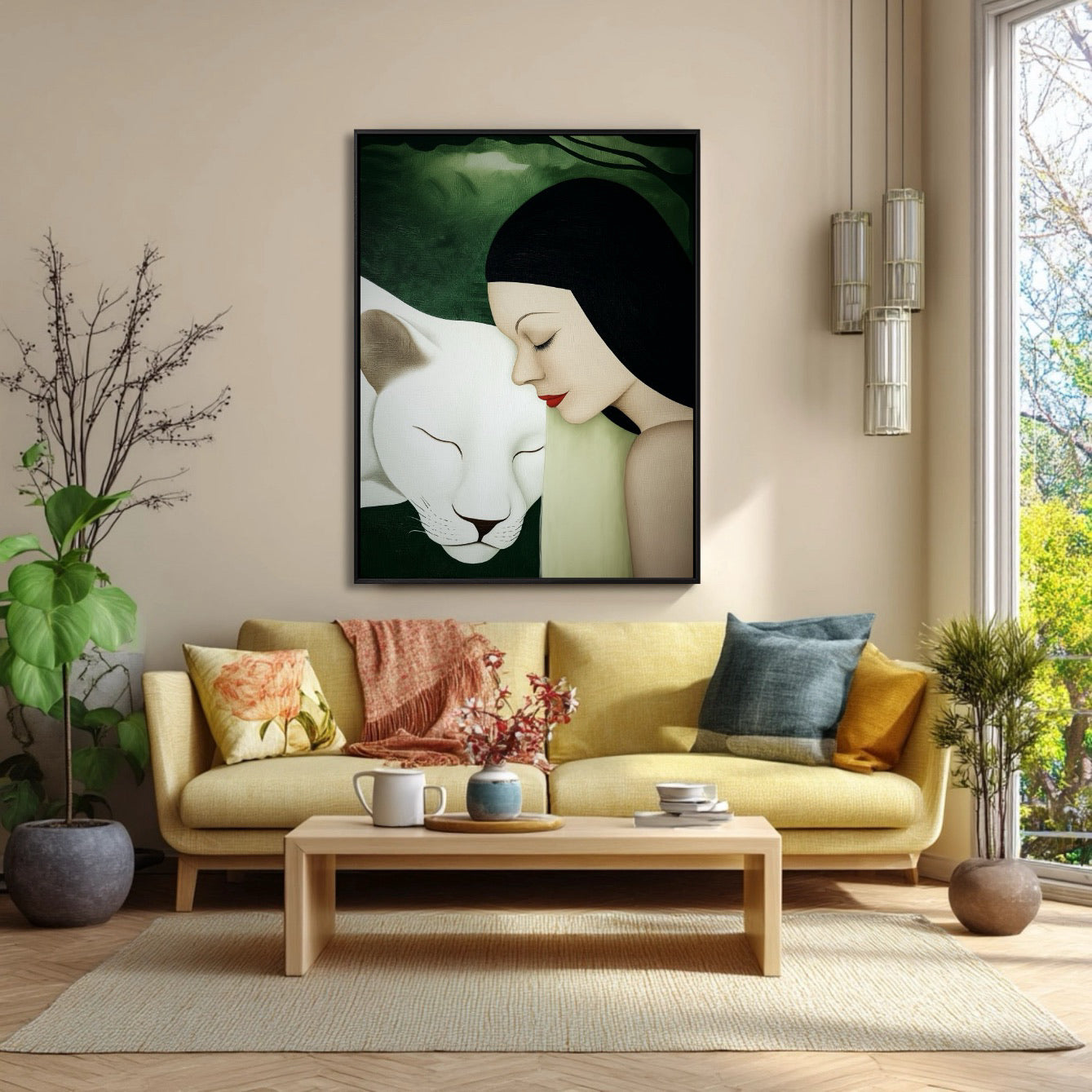 Original oil painting in a bright, sunny living room. Mustard yellow sofa, light wood table, and large window with outdoor view.