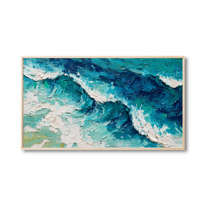 Original abstract ocean painting. Heavy impasto texture in deep blue, turquoise, and white. A modern, cool-tone art piece of waves.