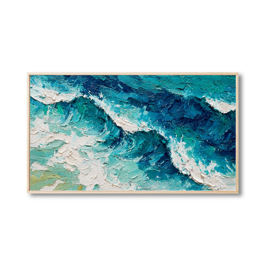 Original abstract ocean painting. Heavy impasto texture in deep blue, turquoise, and white. A modern, cool-tone art piece of waves.