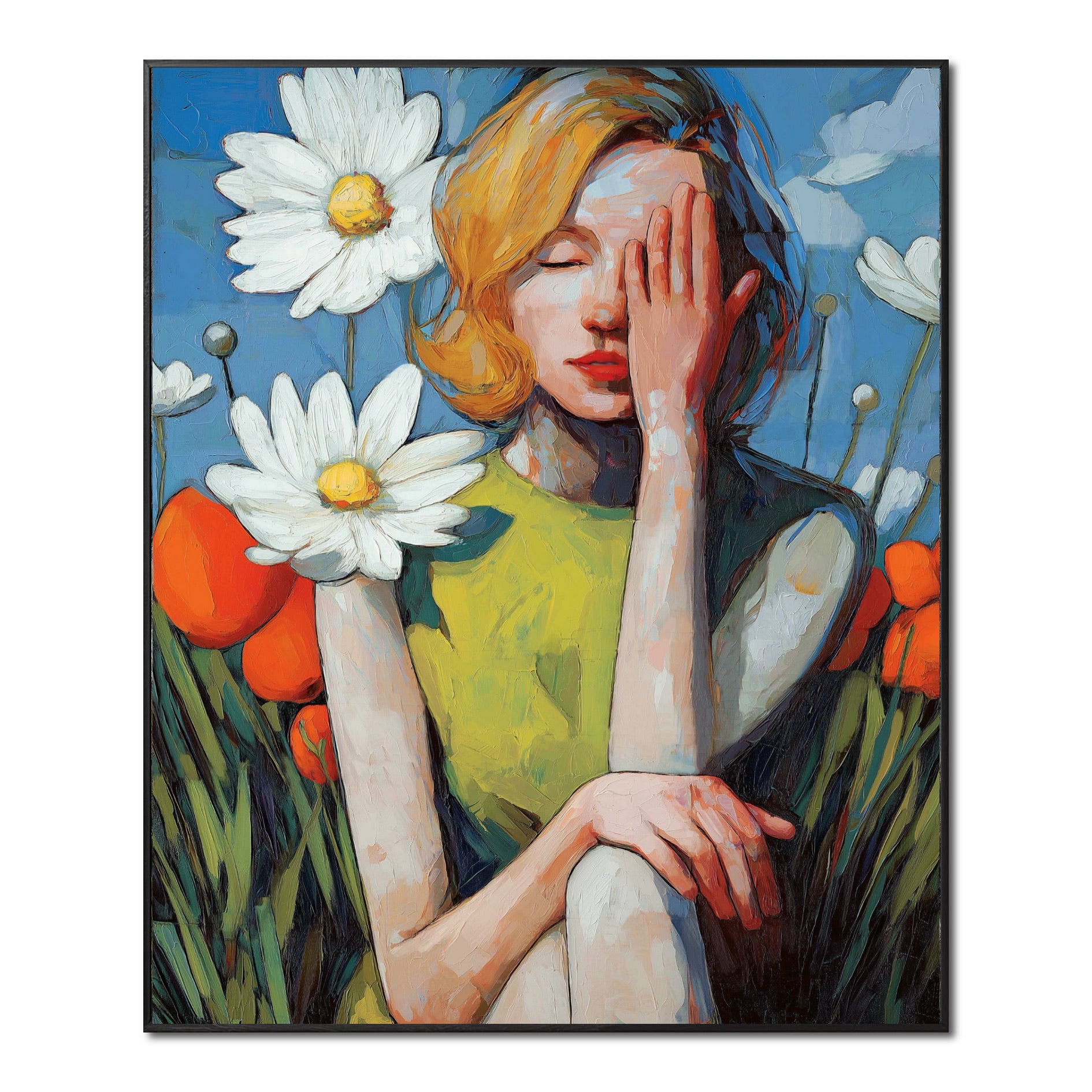 Original impasto oil painting: woman in green dress holding yellow flower, hand over face; surrounded by white daisies, featuring a warm neutral tone.