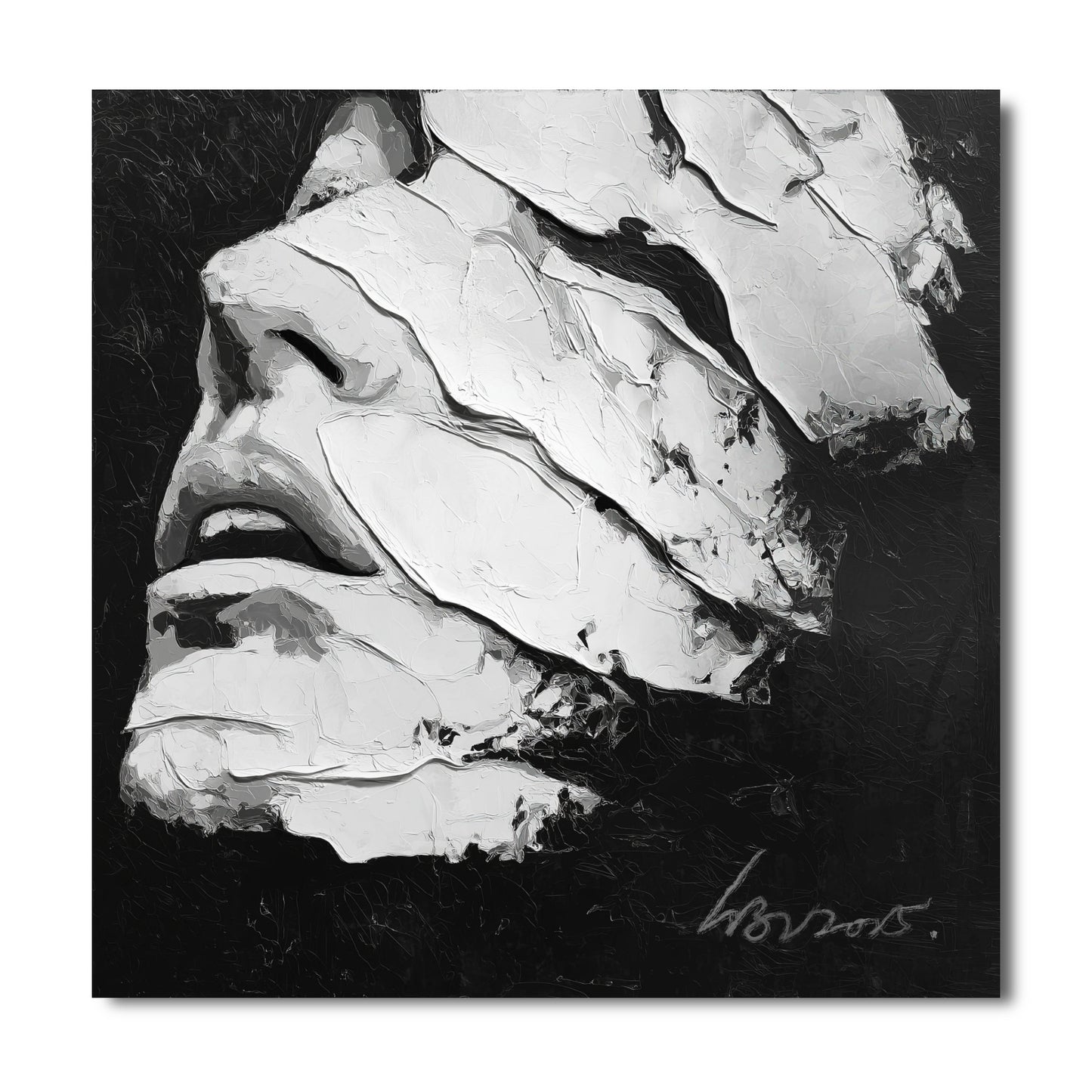 An original black and white abstract painting of a face, created with thick, sculptural impasto texture on a dark background.