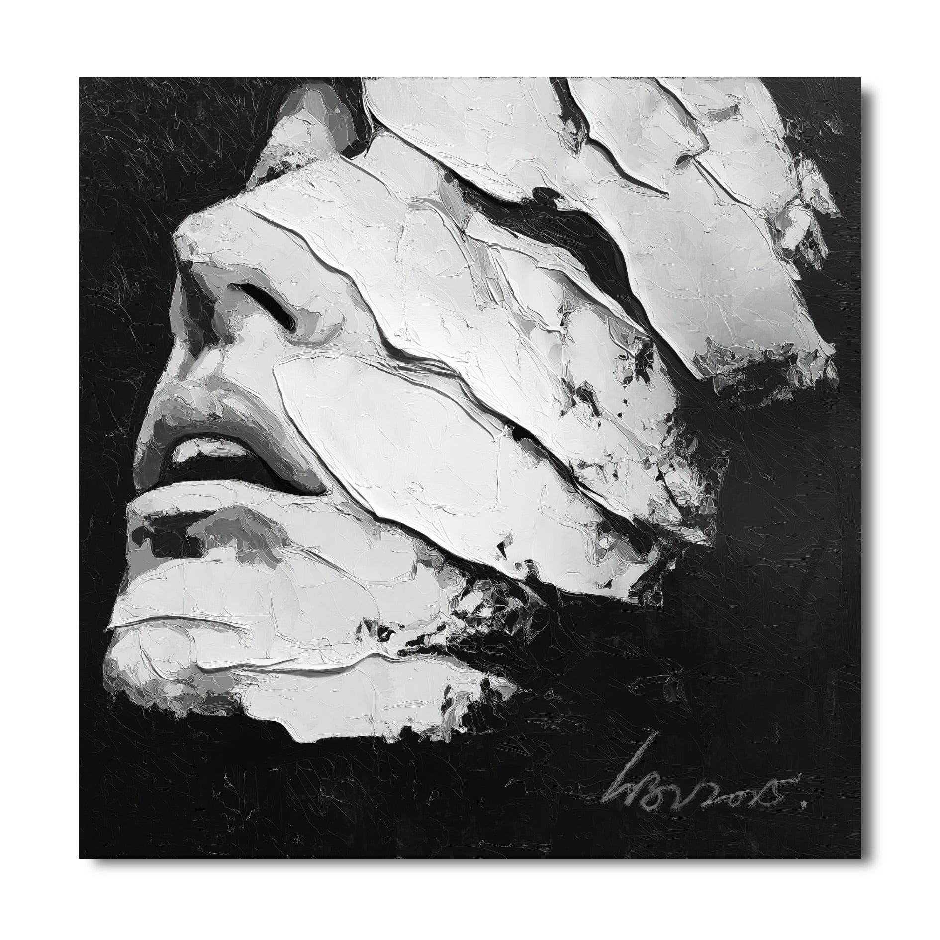 An original black and white abstract painting of a face, created with thick, sculptural impasto texture on a dark background.