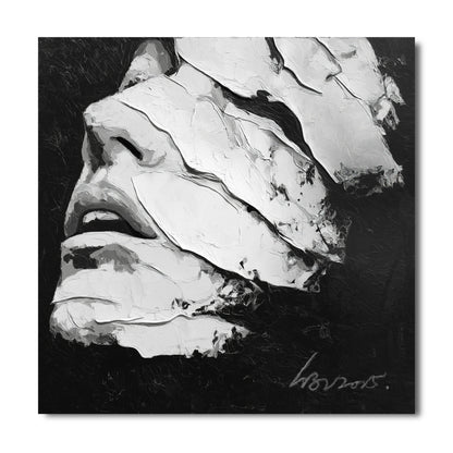 An original black and white abstract painting of a face, created with thick, sculptural impasto texture on a dark background.