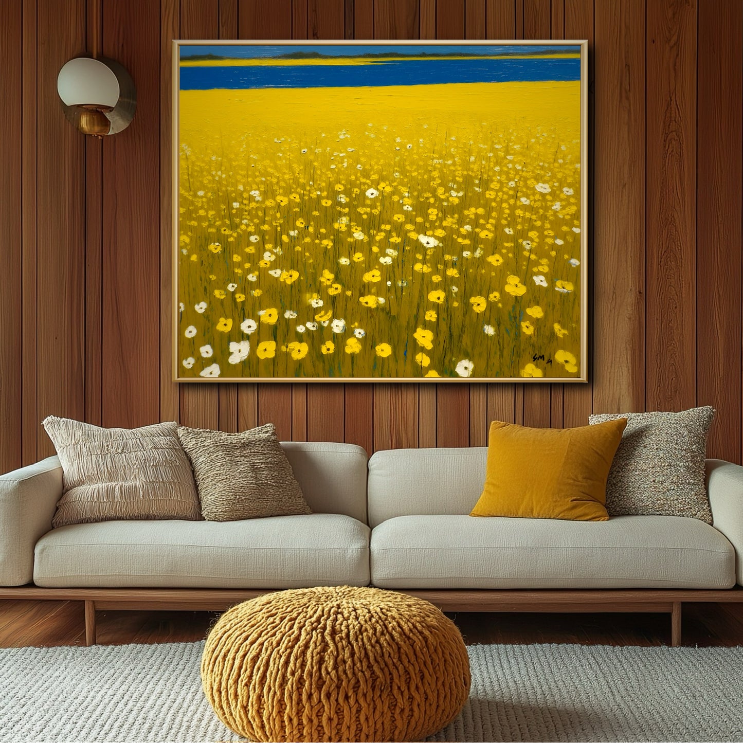 Warm & Mid-Century Original landscape art on warm wood paneling. Mustard yellow decor enhances the cozy, earthy tones of the floral field painting.