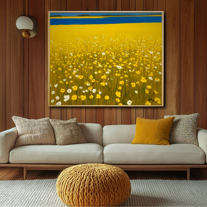 Warm & Mid-Century Original landscape art on warm wood paneling. Mustard yellow decor enhances the cozy, earthy tones of the floral field painting.