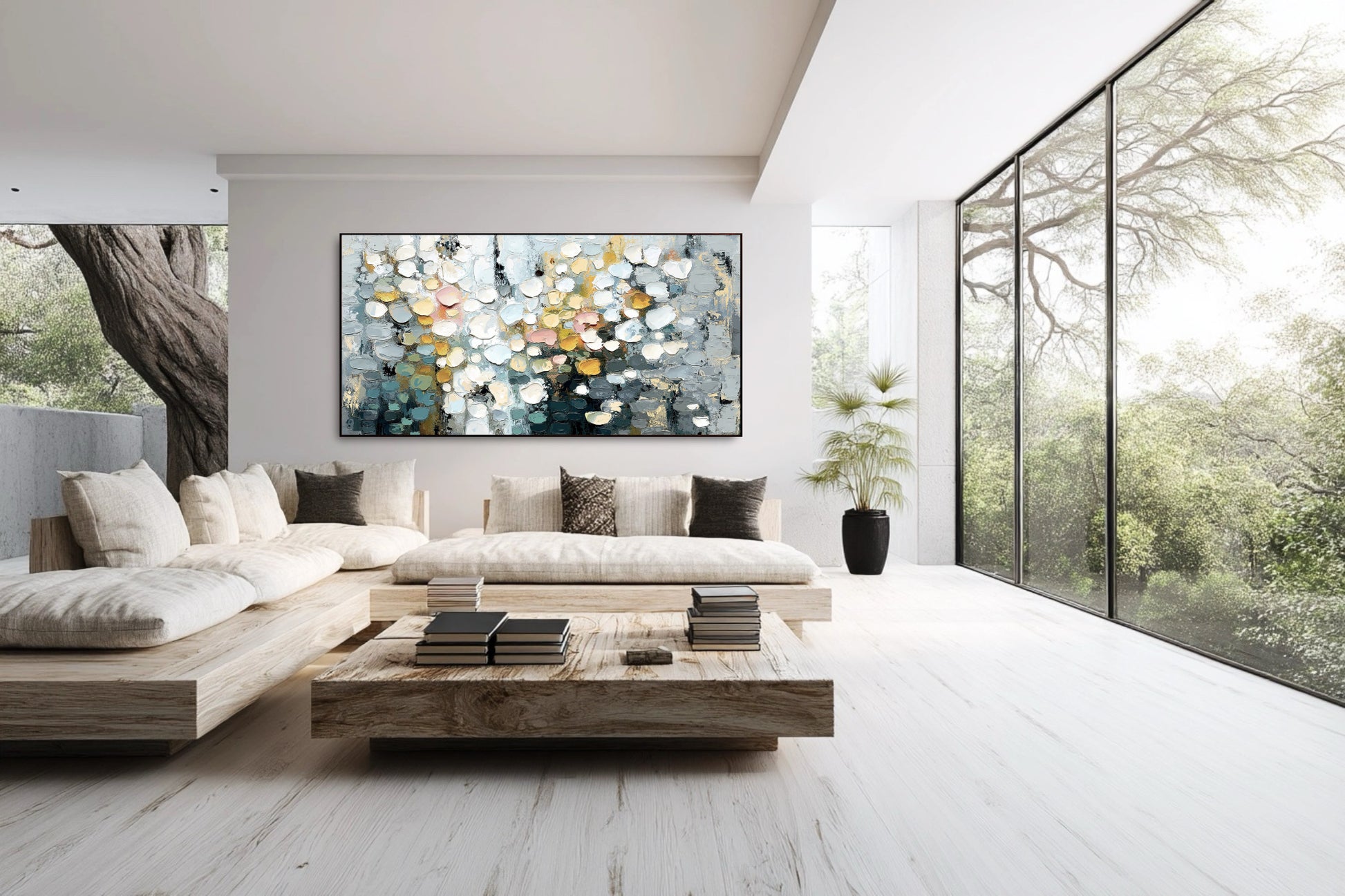 Abstract impasto painting creates a focal point in a bright, original minimalist lounge with natural light and outdoor views.