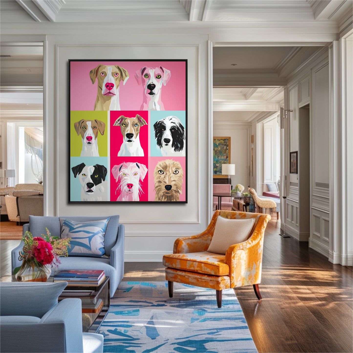Pop art dog painting provides a modern focal point in an elegant, paneled entryway. Contrasts with luxurious blue and orange seating.