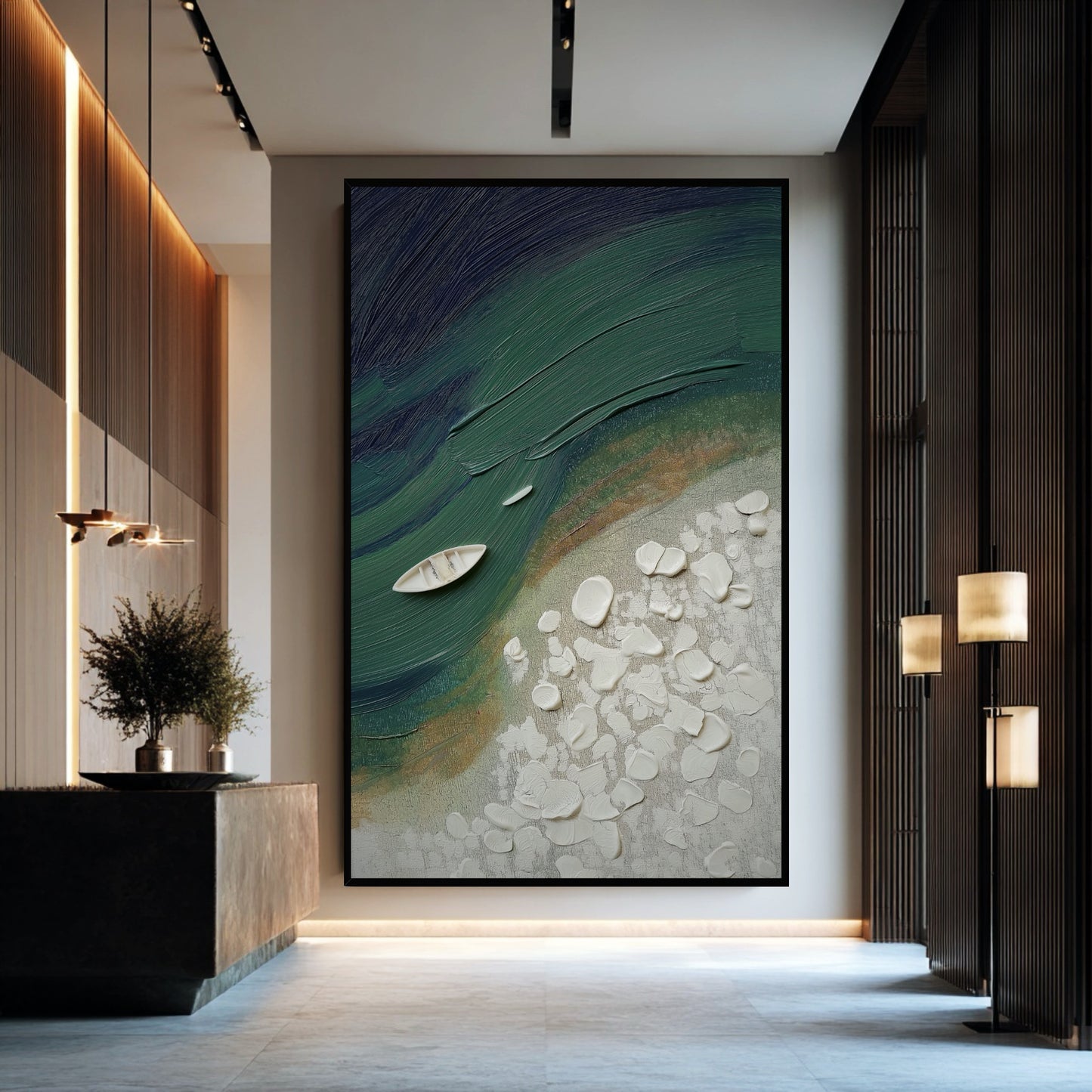 Grand vertical seascape serving as a dramatic focal point in a high-end lobby/entryway, complemented by sleek wood paneling and lighting.