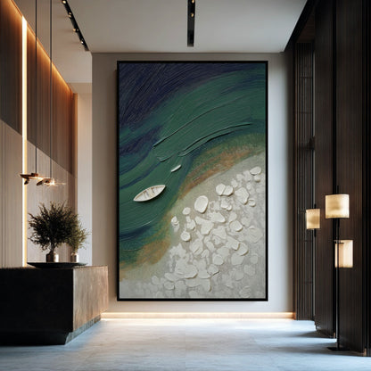 Grand vertical seascape serving as a dramatic focal point in a high-end lobby/entryway, complemented by sleek wood paneling and lighting.