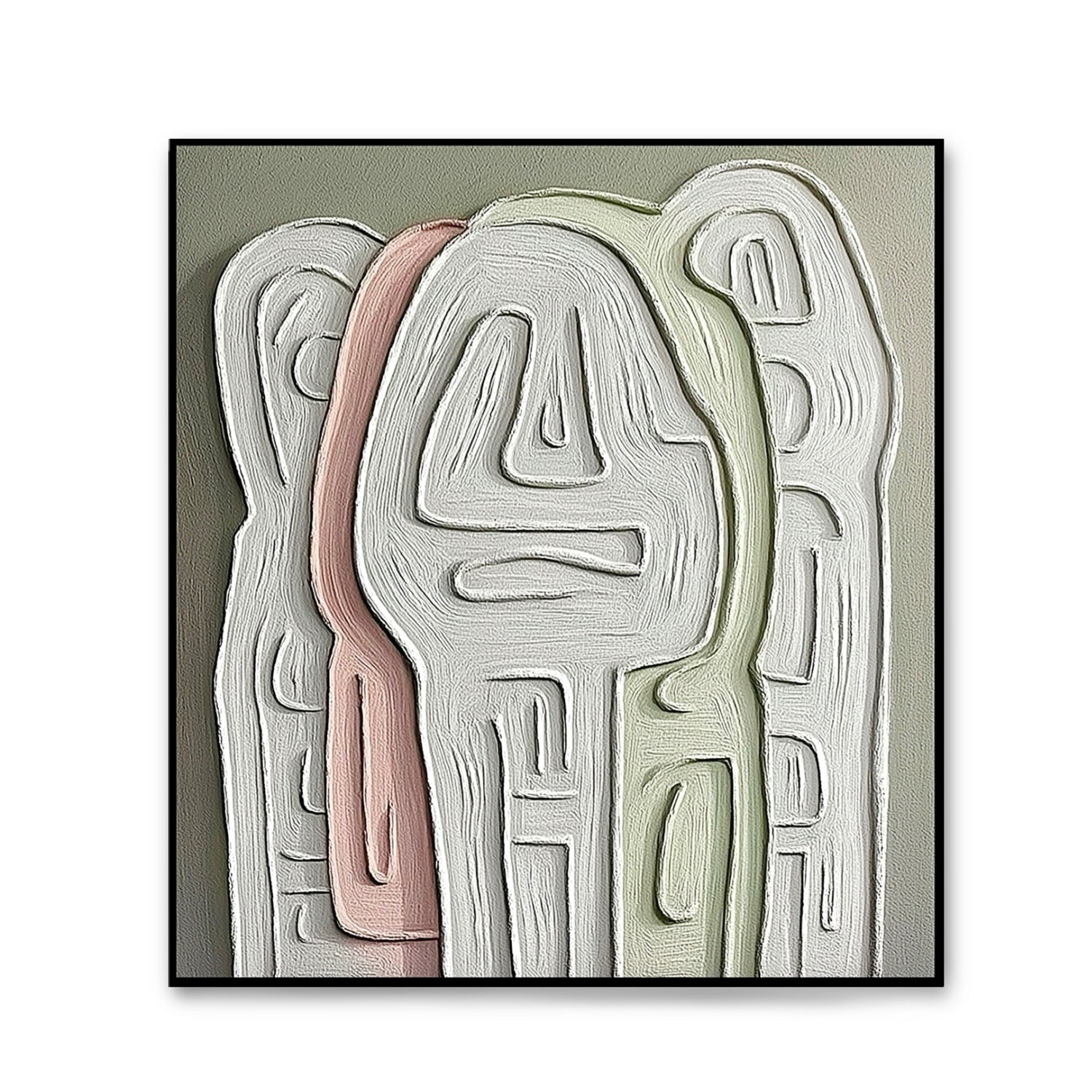 Original abstract textured art with thick white lines on a sage gray background, featuring soft blush pink and green tones.