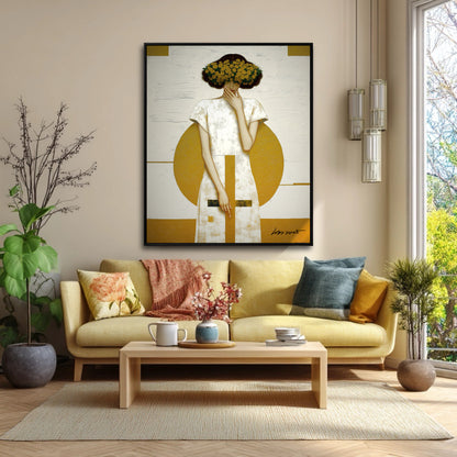 Modern textured portrait of a woman with a floral crown. Wall art for a bright, minimalist living room with a yellow color scheme.
