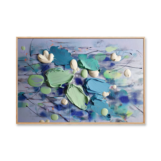 Original hand-painted abstract textured art. Cold tone blues/greens, thick impasto brushstrokes, modern floral/organic vibes.