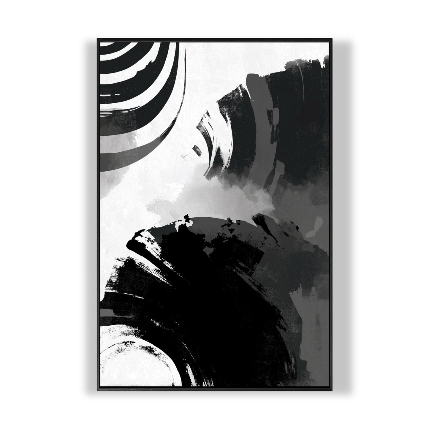 Original black and white abstract art. A high-contrast composition of bold gestural brushstrokes and repeating graphic lines.