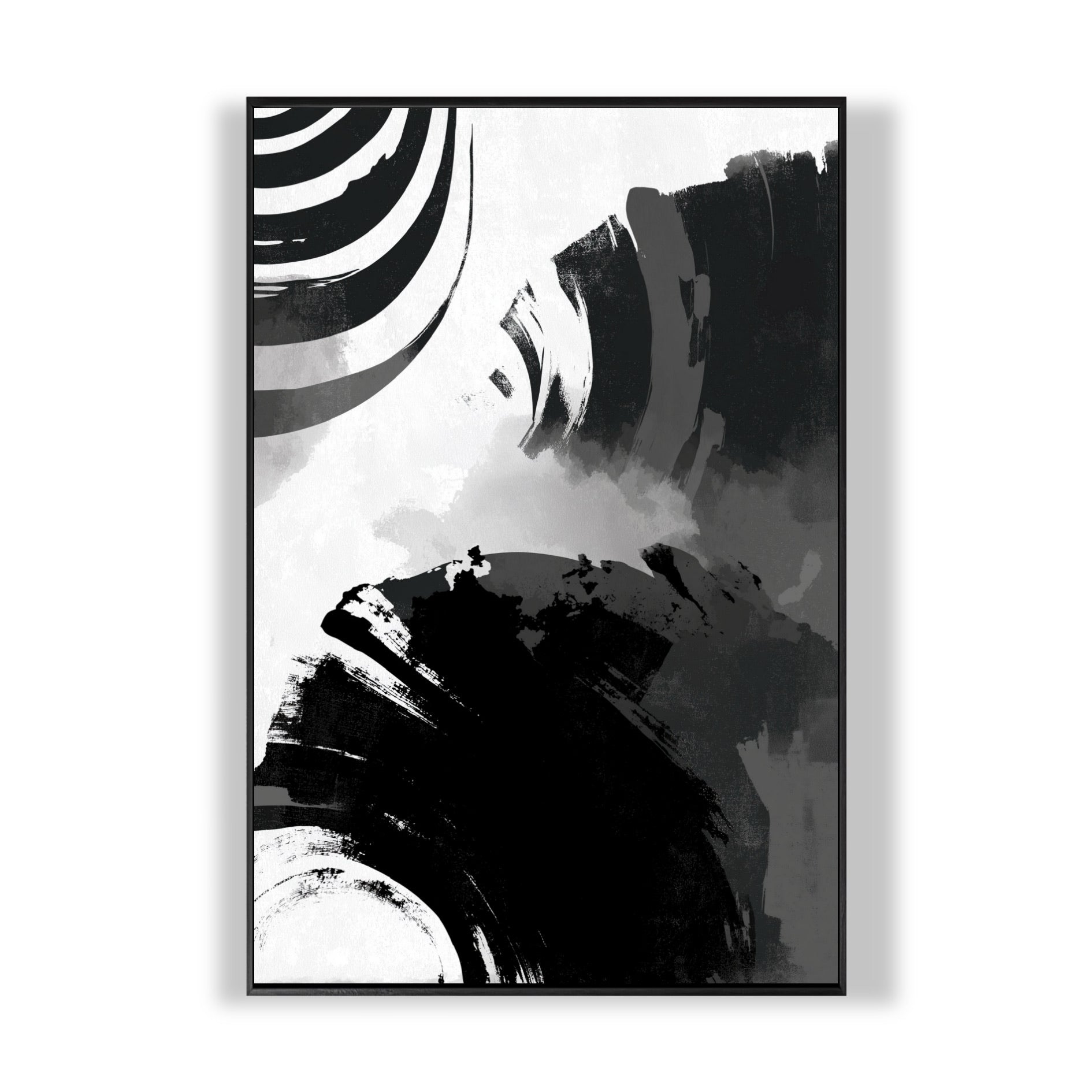 Original black and white abstract art. A high-contrast composition of bold gestural brushstrokes and repeating graphic lines.