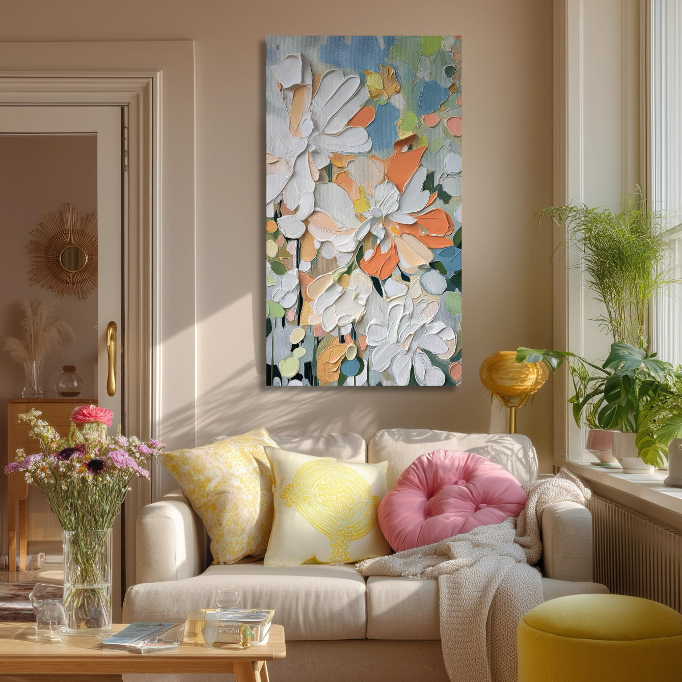 Original floral texture art anchors a cozy living room with cream couch, pink/yellow pillows. Natural light, warm wood, houseplants.
