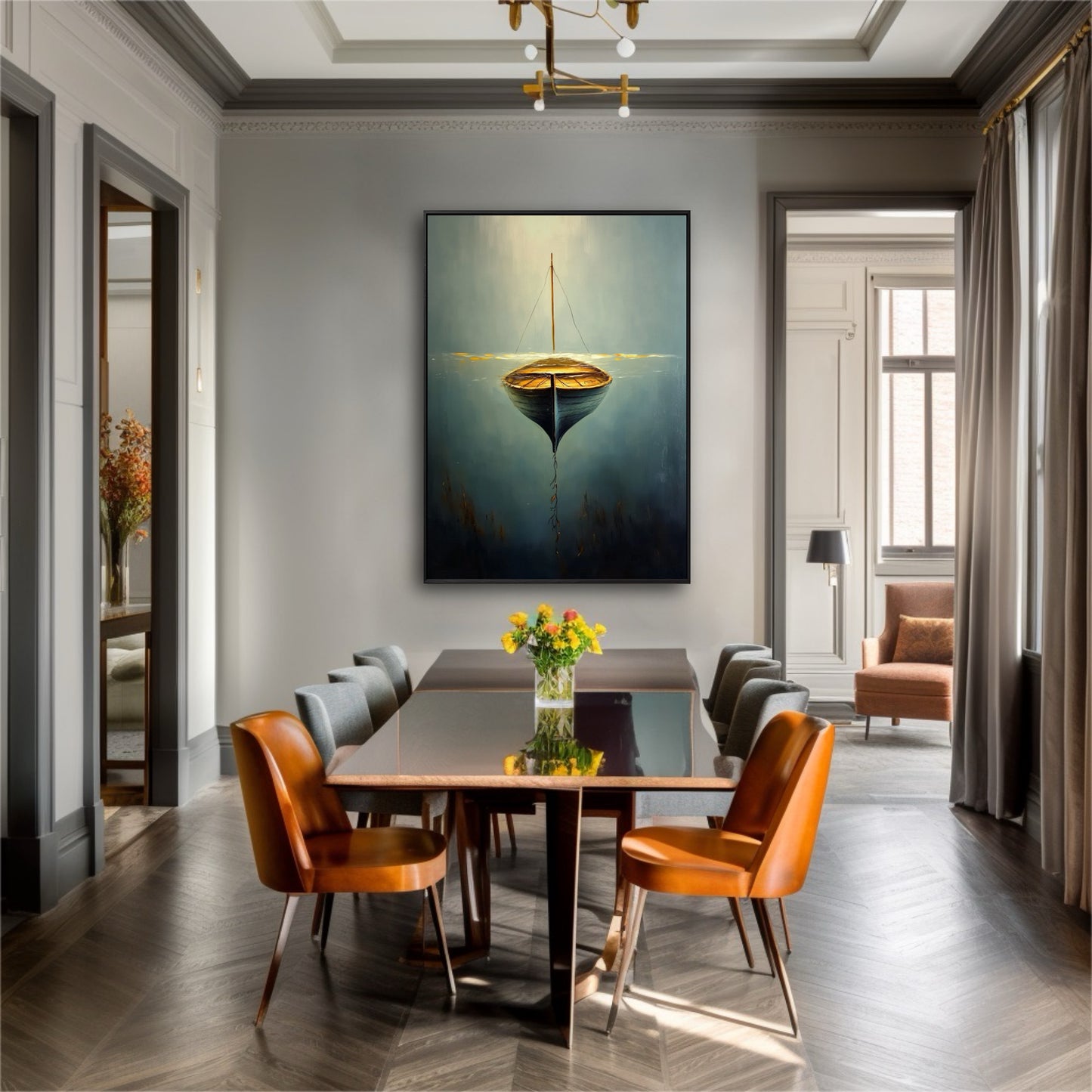 The painting's deep blue and gold tones create a cool contrast against the warm orange chairs in this modern dining room.