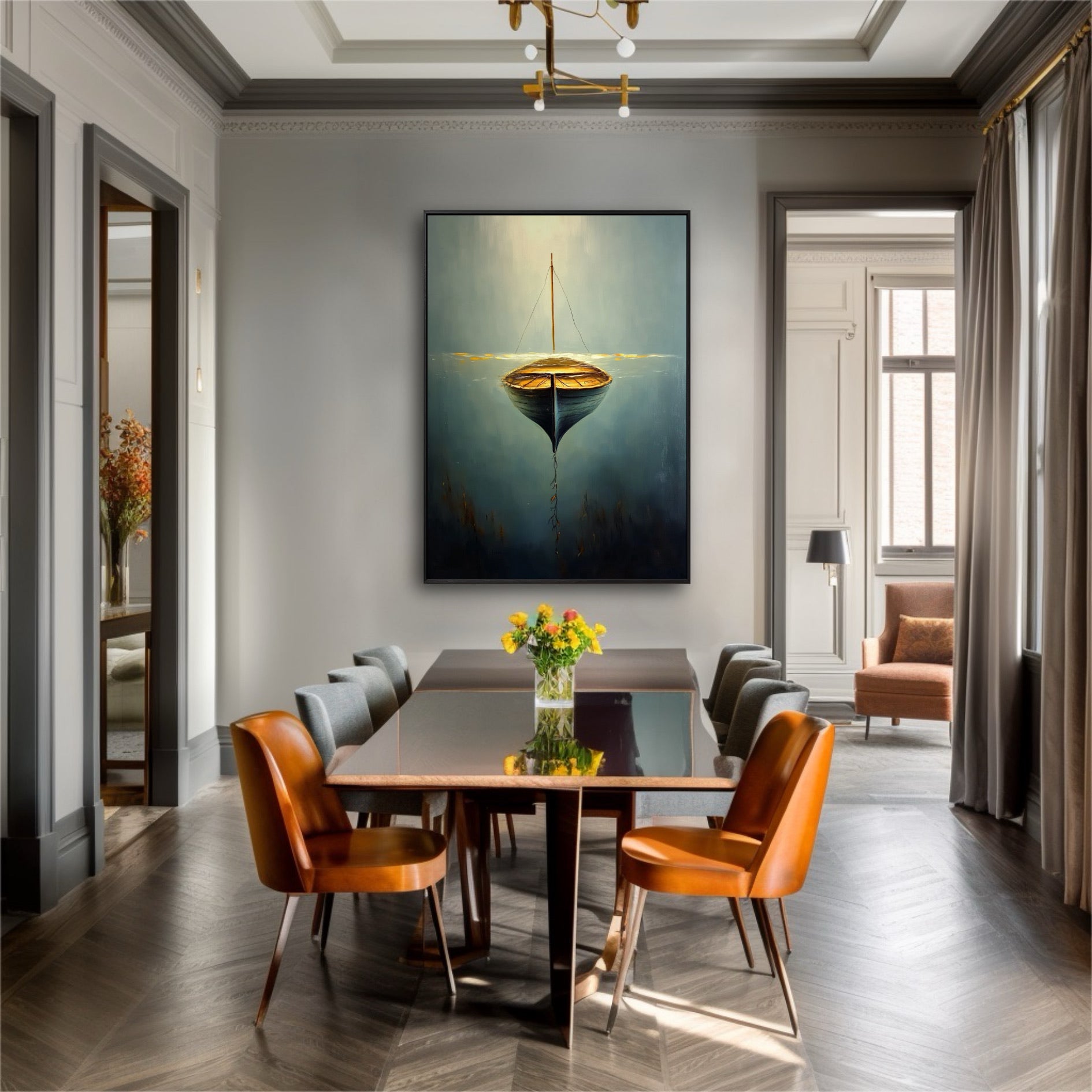 The painting's deep blue and gold tones create a cool contrast against the warm orange chairs in this modern dining room.