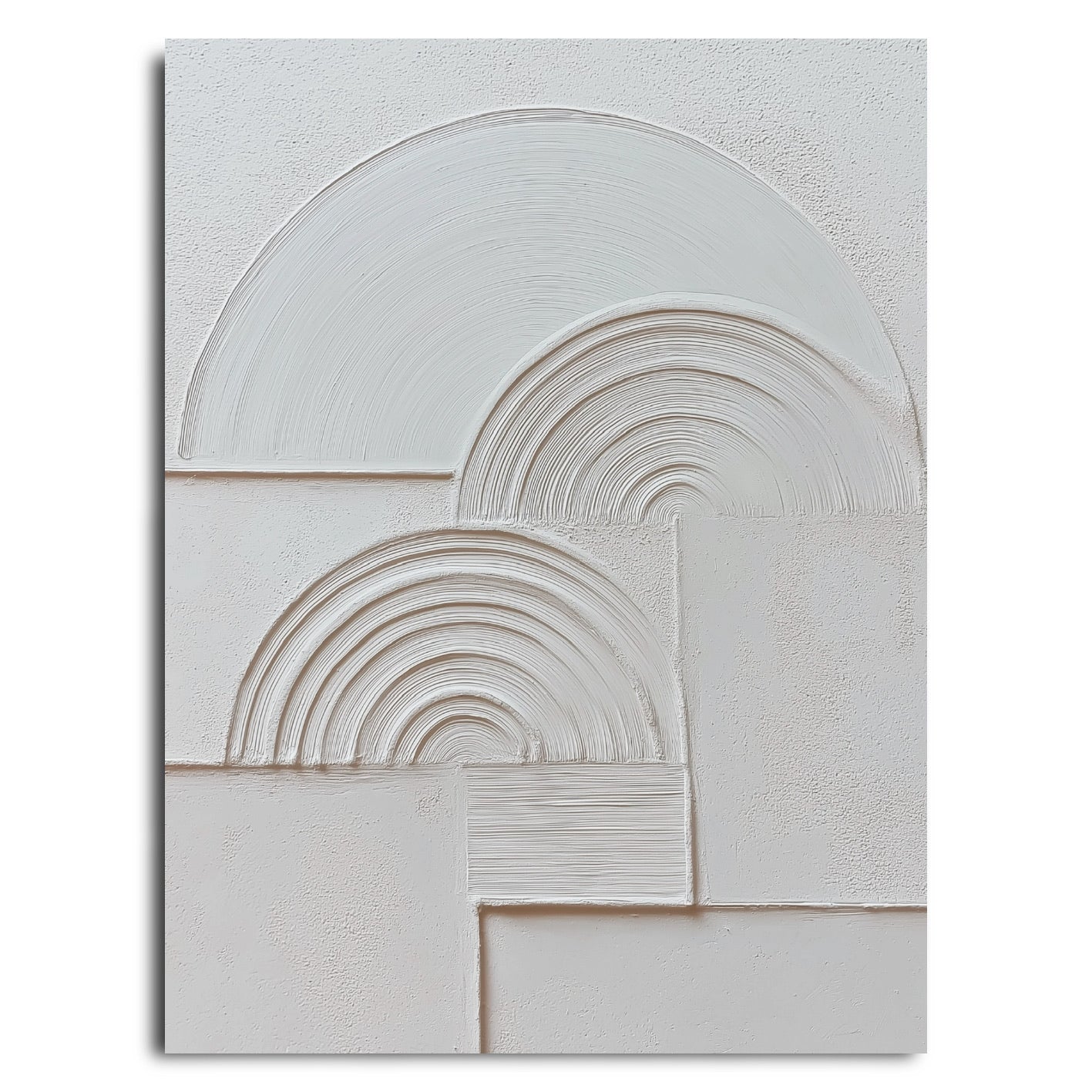 Original white-on-white plaster art. A minimalist composition of geometric shapes and textured arches with sculptural details.