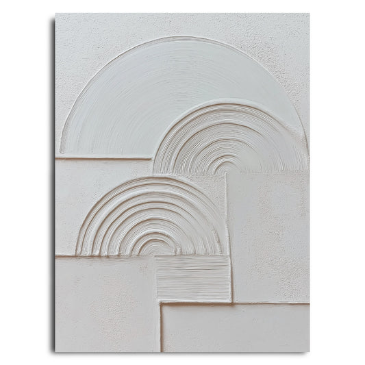 Original white-on-white plaster art. A minimalist composition of geometric shapes and textured arches with sculptural details.