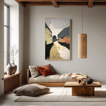 Geometric abstract painting complements the Japandi style, highlighting the warm wood beams and natural fiber pendant lighting.