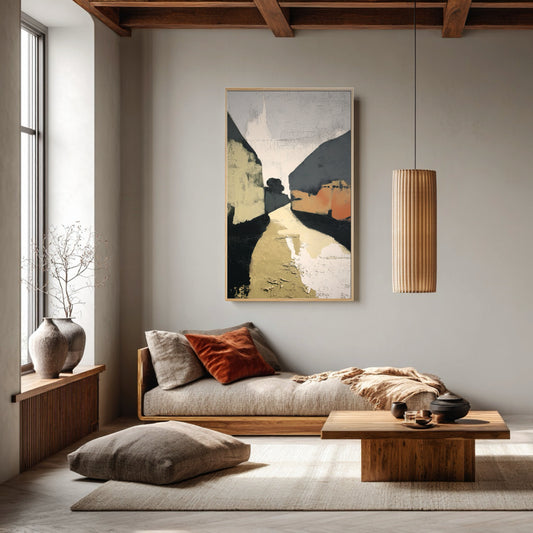 Geometric abstract painting complements the Japandi style, highlighting the warm wood beams and natural fiber pendant lighting.
