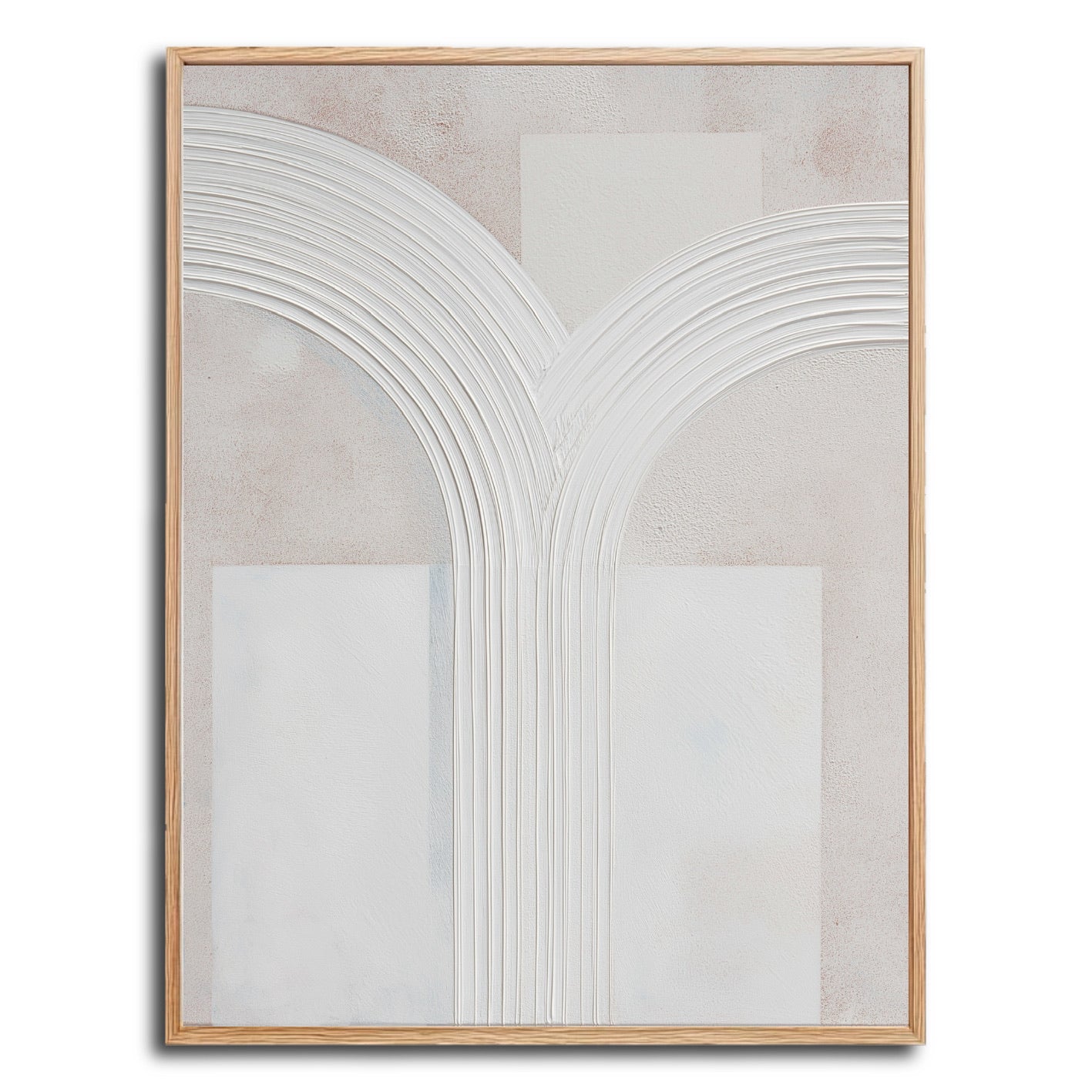 Original minimalist plaster art. Features symmetrical white textured arches and geometric shapes on a neutral beige background.