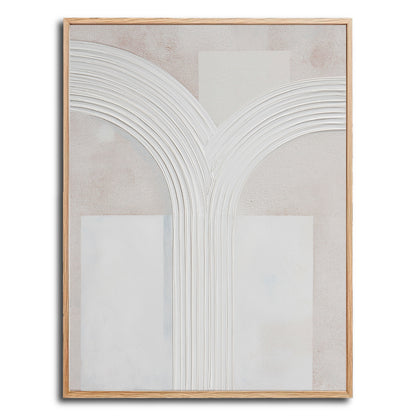 Original minimalist plaster art. Features symmetrical white textured arches and geometric shapes on a neutral beige background.