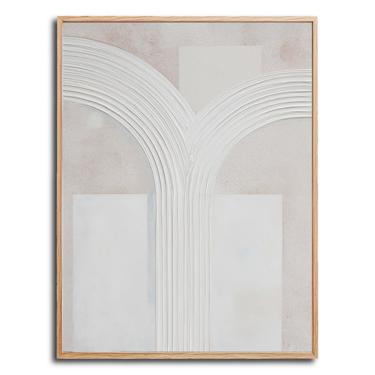 Original minimalist plaster art. Features symmetrical white textured arches and geometric shapes on a neutral beige background.